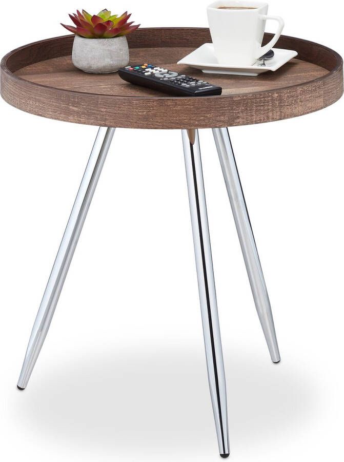 Relaxdays bijzettafel rond 42 x 78 cm vintage houtlook MDF & staal bruin-zilver L