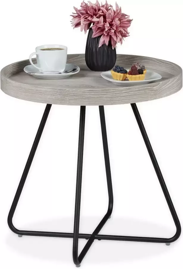 Relaxdays bijzettafel rond salontafel binnen koffietafel mdf & staal houtlook M