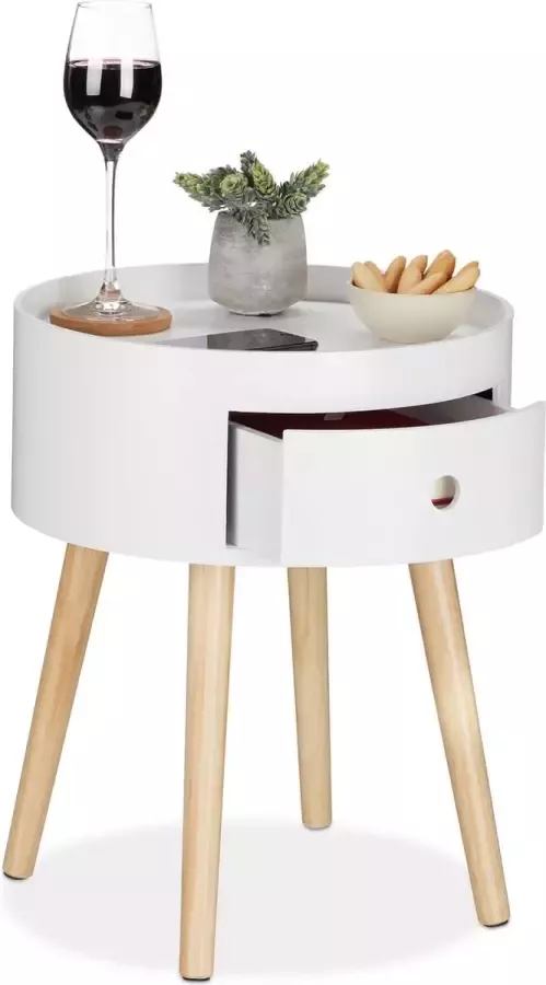 Relaxdays bijzettafel rond met lade met opbergruimte Ø 38 cm woonkamer wit