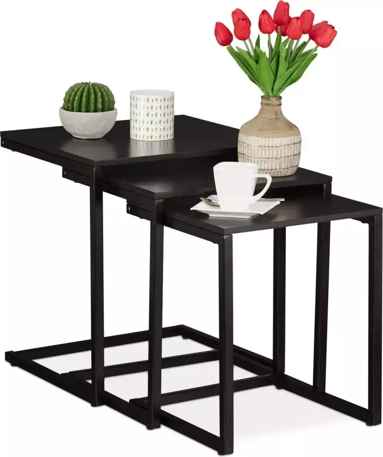Relaxdays bijzettafel set salontafel set van 3 u vorm hout bijzettafeltjes zwart
