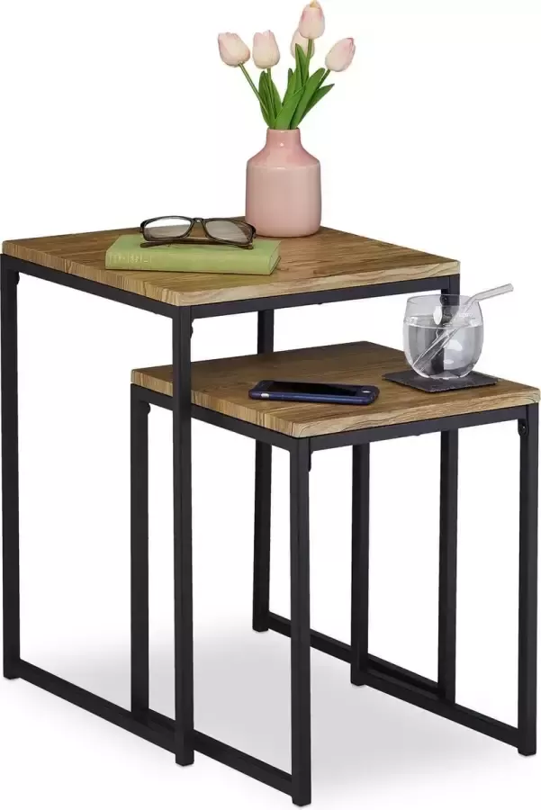 Relaxdays salontafel set van 2 industrieel vierkant metaal 2 groottes woonkamer