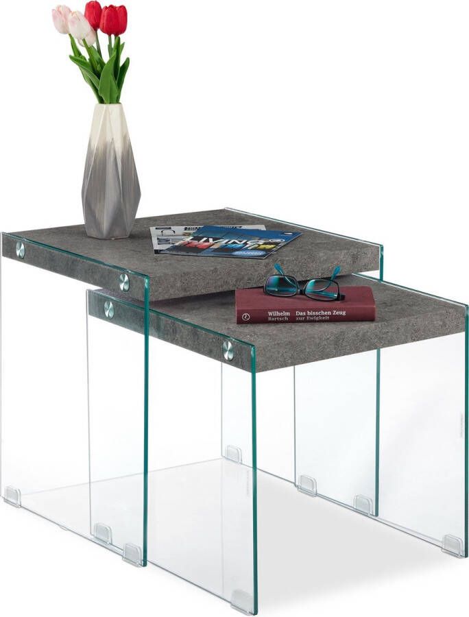 Relaxdays bijzettafel set van 2 mimiset glas bijzettafeltjes salontafel beton look