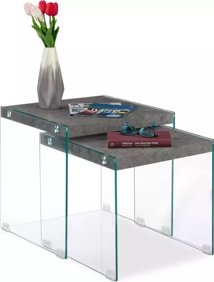 Relaxdays bijzettafel set van 2 mimiset glas bijzettafeltjes salontafel beton look