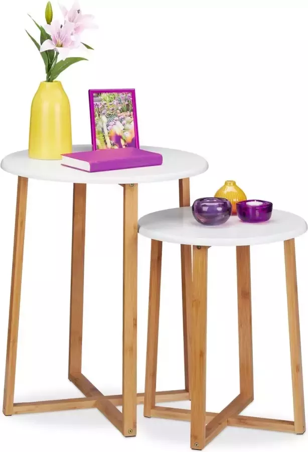 Relaxdays Bijzettafel set van 2 salontafel rond plantentafel mimiset koffietafel