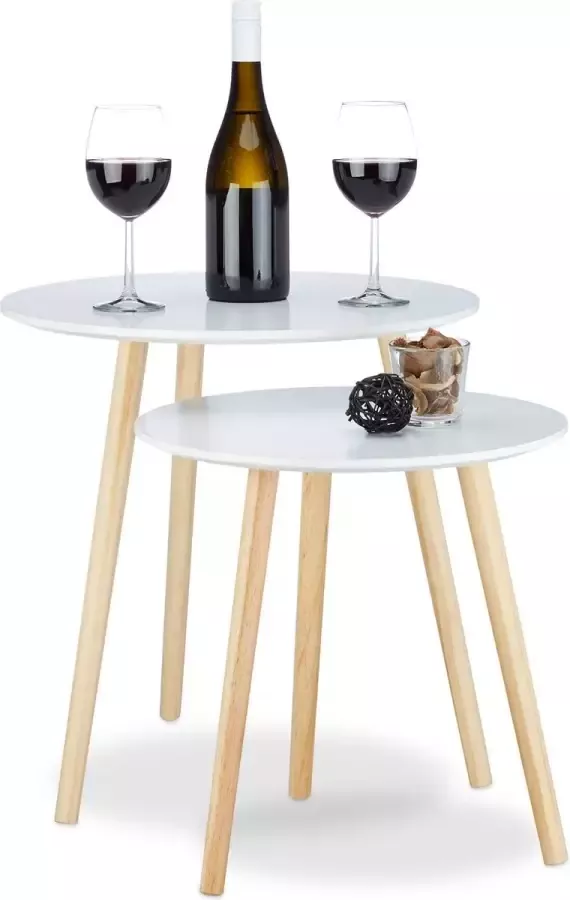 Relaxdays bijzettafel set van 2 Scandinavisch design 70's stijl salon-of nachttafeltjes Ø 39 en 47 5 cm wit