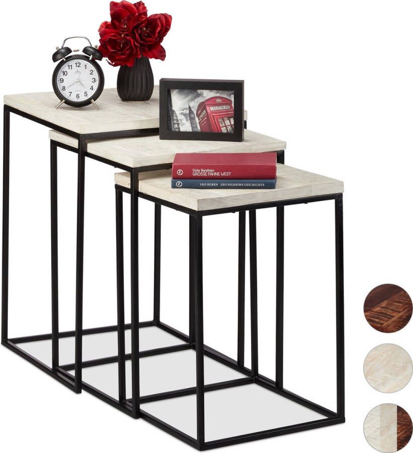 Relaxdays bijzettafel set van 3 bijzettafels mangohout salontafel bijzettafeltjes wit