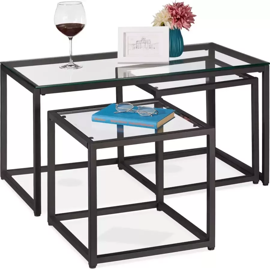 Relaxdays bijzettafel set van 3 mimiset salontafel glas metaal woonkamer tafeltje