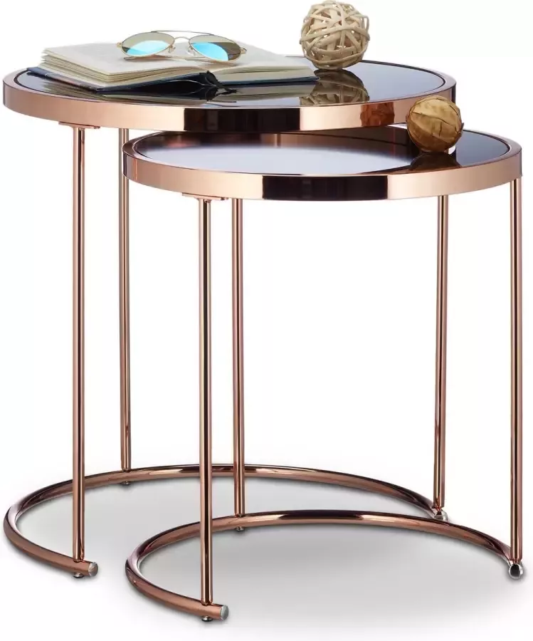 Relaxdays bijzettafel rond set van 2 verchroomd modern design zwart glas metaal koper