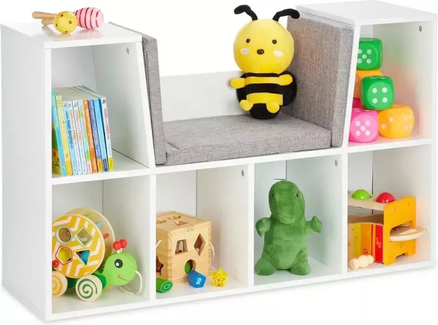 Relaxdays boekenrek kinderkamer met kussen 103 cm breed 6 vakken speelgoedkast