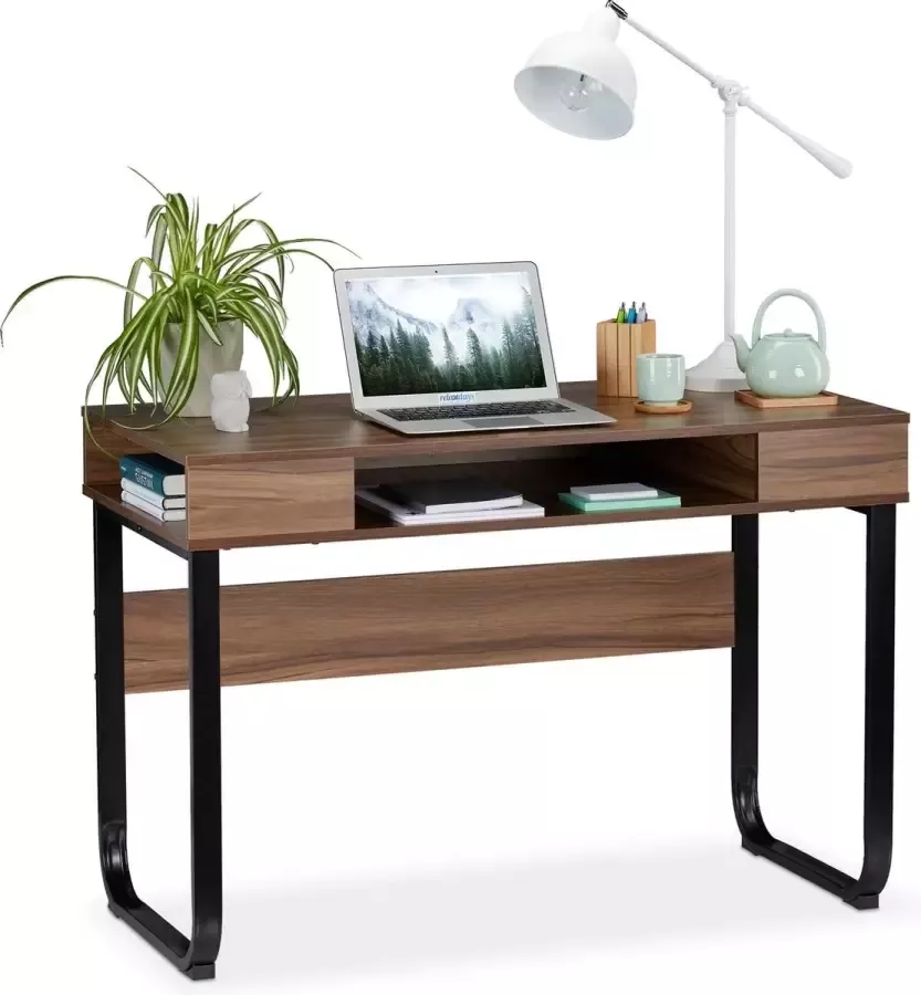 Relaxdays bureau 3 open vakken computertafel 74 5 x 110 x 55 cm modern laptopbureau Hout zwart