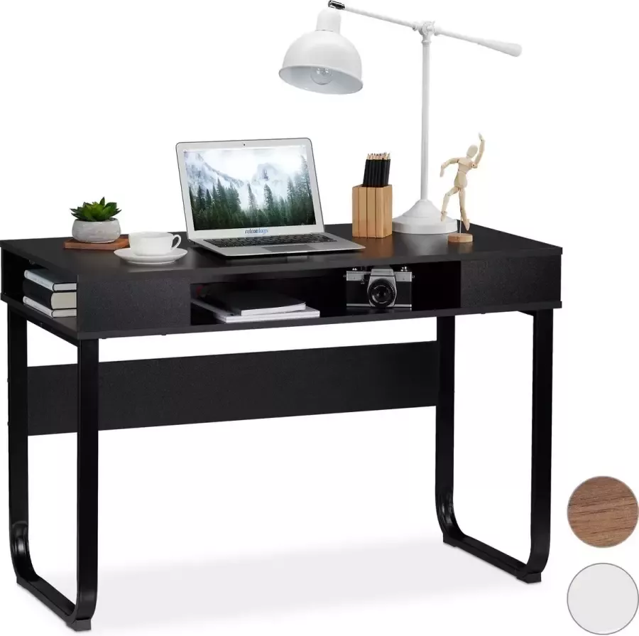 Relaxdays bureau 3 open vakken computertafel 74 5 x 110 x 55 cm modern laptopbureau Zwart zwart