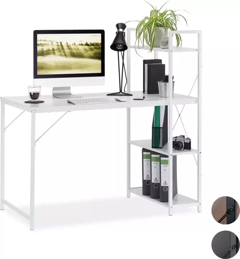 Relaxdays bureau computertafel modern design met rek laptopbureau 4 planken Wit