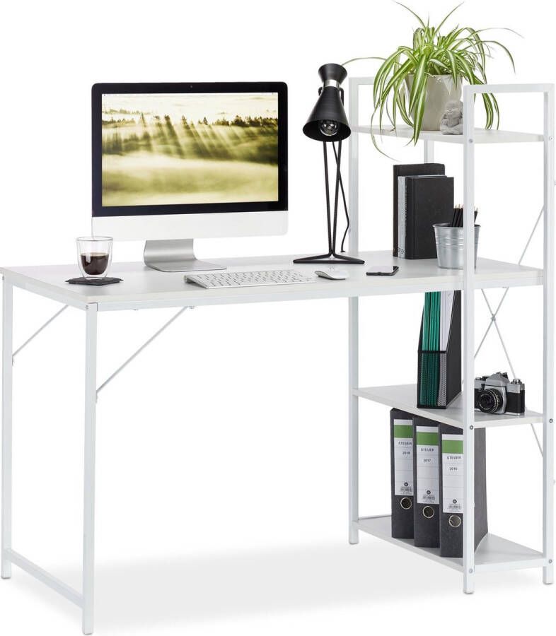 Relaxdays bureau computertafel modern design met rek laptopbureau 4 planken Wit wit