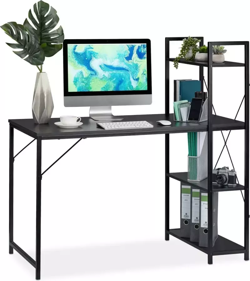 Relaxdays bureau computertafel modern design met rek laptopbureau 4 planken Zwart zwart