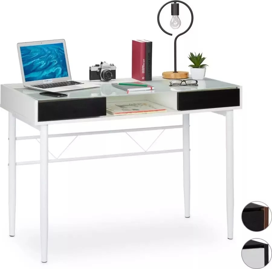 Relaxdays bureau glas computertafel kabeldoorvoer laptoptafel glastafel lades Wit wit