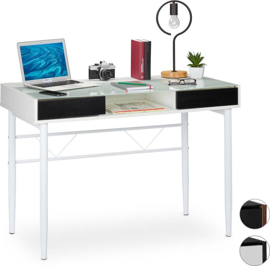 Relaxdays bureau glas computertafel kabeldoorvoer laptoptafel glastafel lades Wit wit