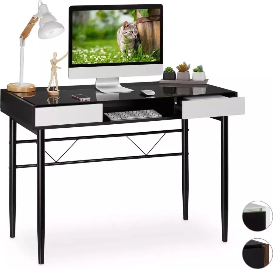 Relaxdays bureau glas computertafel kabeldoorvoer laptoptafel glastafel lades Zwart zwart
