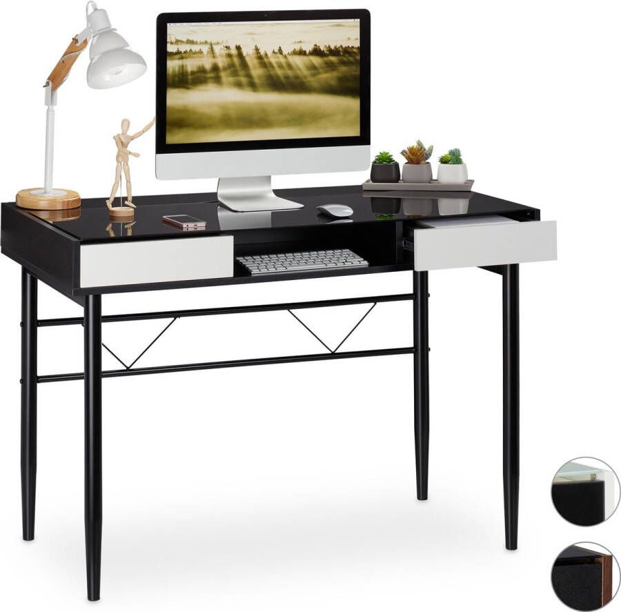 Relaxdays bureau glas computertafel kabeldoorvoer laptoptafel glastafel lades Zwart zwart