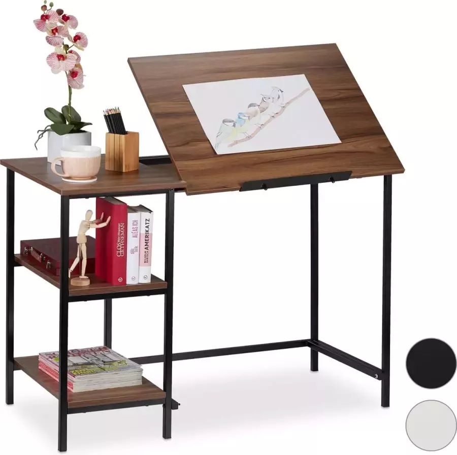 Relaxdays bureau kantelbaar tekentafel computertafel laptoptafel 3 vakken Hout zwart