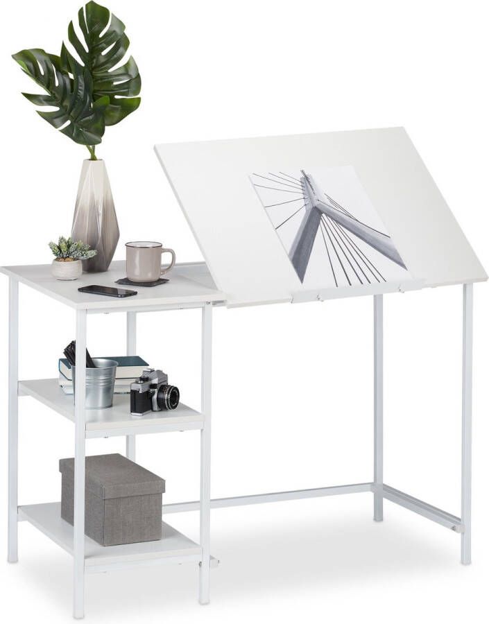 Relaxdays bureau kantelbaar tekentafel computertafel laptoptafel 3 vakken Wit wit