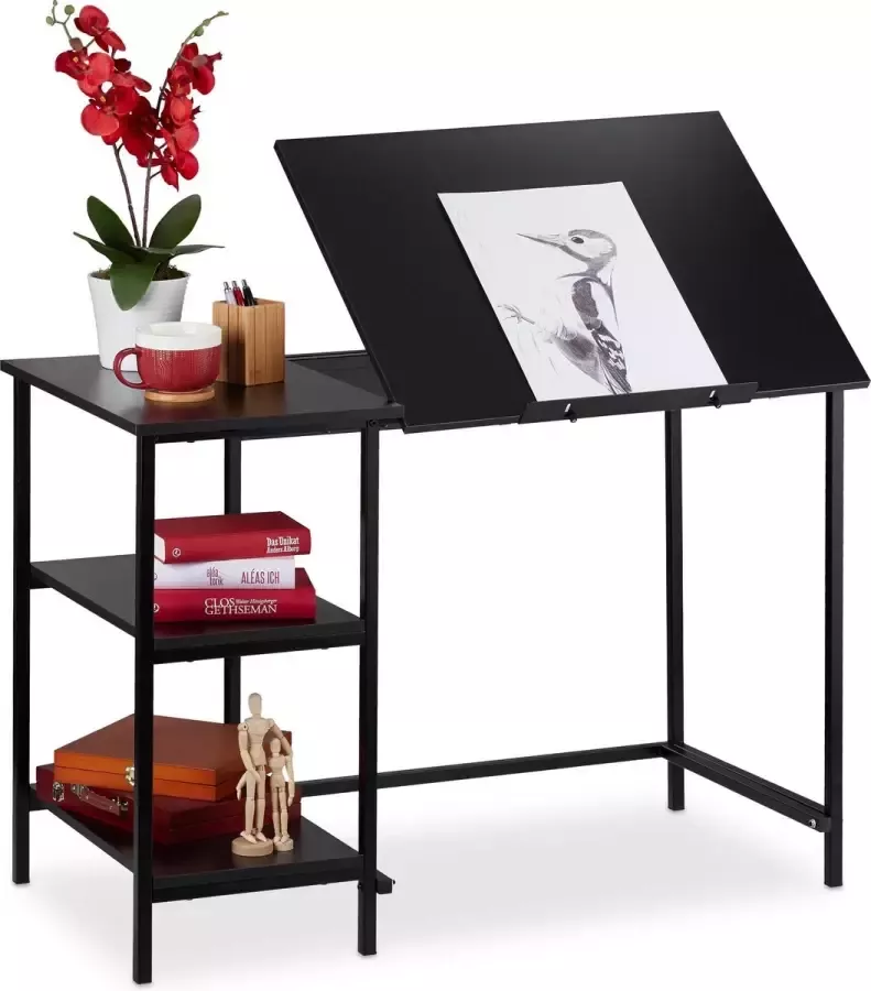 Relaxdays bureau kantelbaar tekentafel computertafel laptoptafel 3 vakken Zwart zwart
