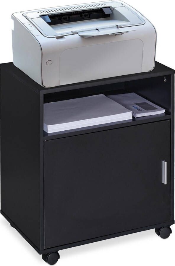 Relaxdays Bureau kast op wielen kantoorkast 3 vakken printerkast verrijdbaar zwart