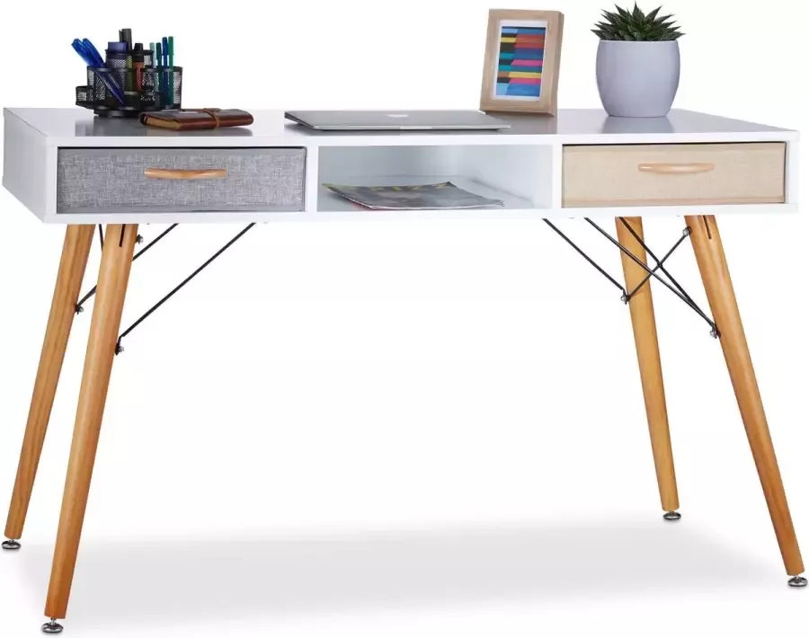 Relaxdays bureau met 2 lades 3 vakken hout 74 x 125 x 60 cm Scandinavisch computertafel wit