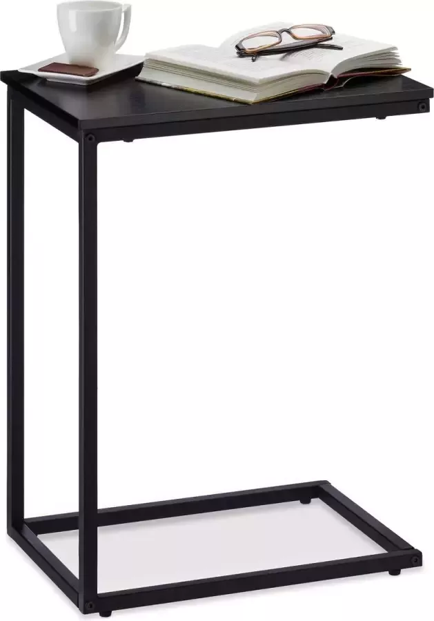 Relaxdays C bijzettafel metaal salontafel houten tafelblad siertafel zwart 61cm hoog