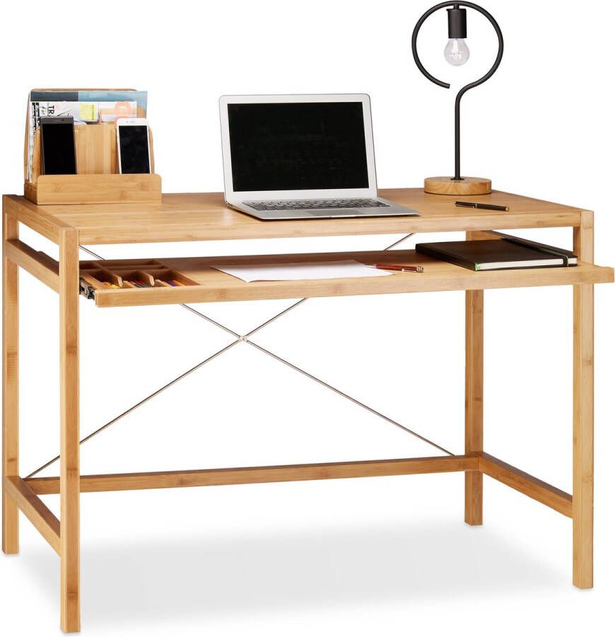 Relaxdays computertafel hout uitschuifblad bureau bamboe computerbureau organizer