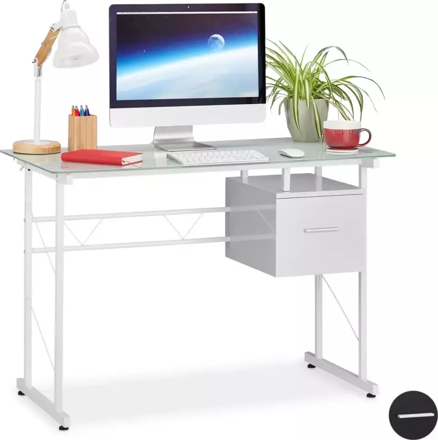 Relaxdays computertafel met lade pc tafel glas bureau laptopbureau wit