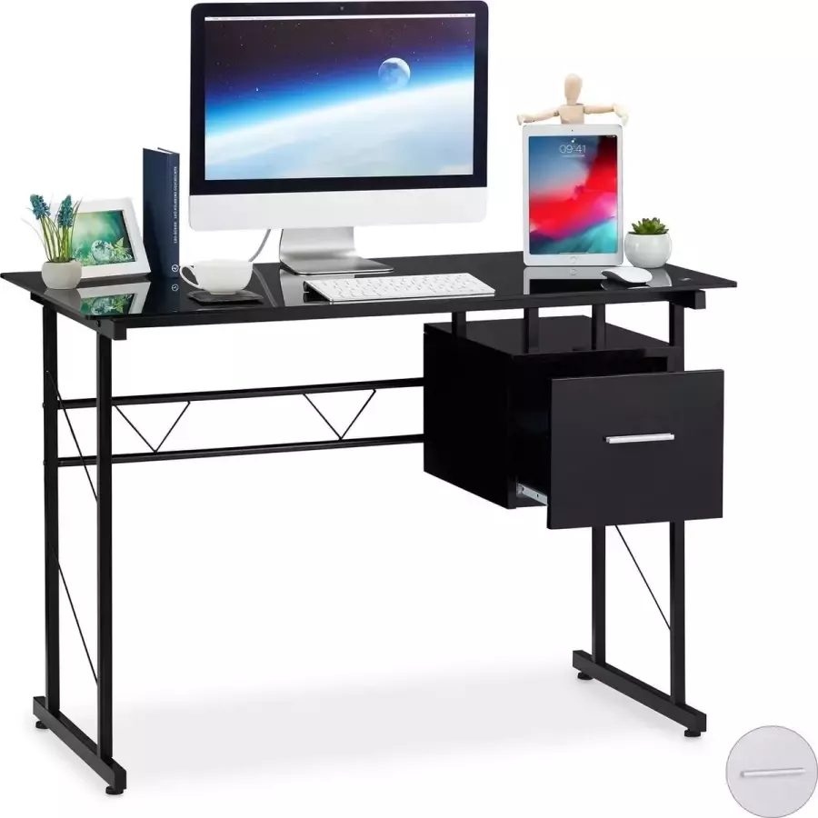 Relaxdays computertafel met lade pc tafel glas bureau laptopbureau zwart