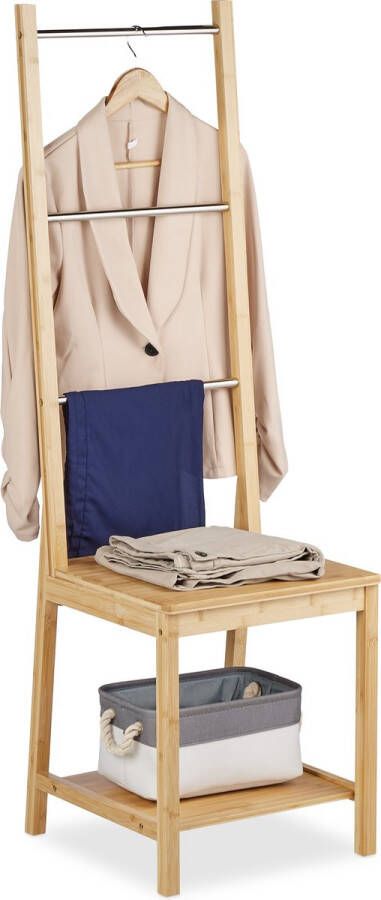 Relaxdays dressboy stoel kledingstoel bamboe 3 stangen rvs handdoekenrek badkamer