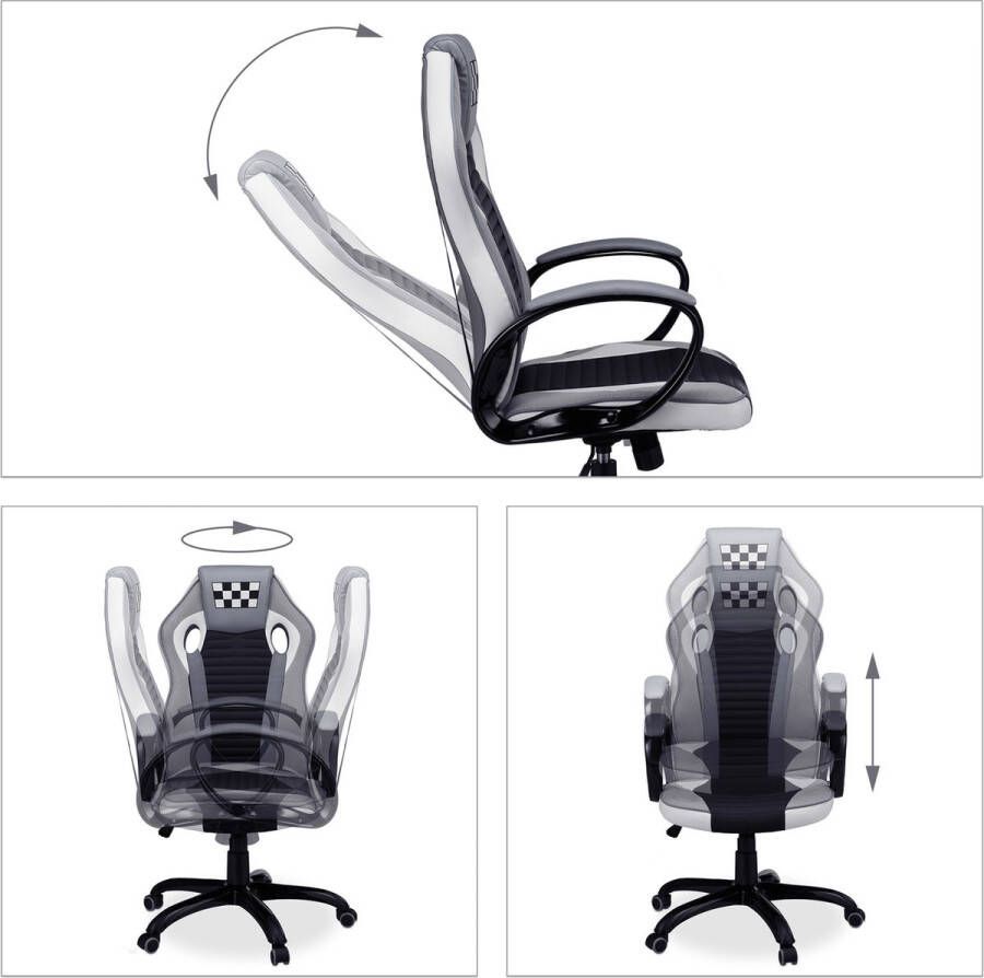 Relaxdays gamestoel verstelbaar bureaustoel armleuningen ergonomisch zwart grijs