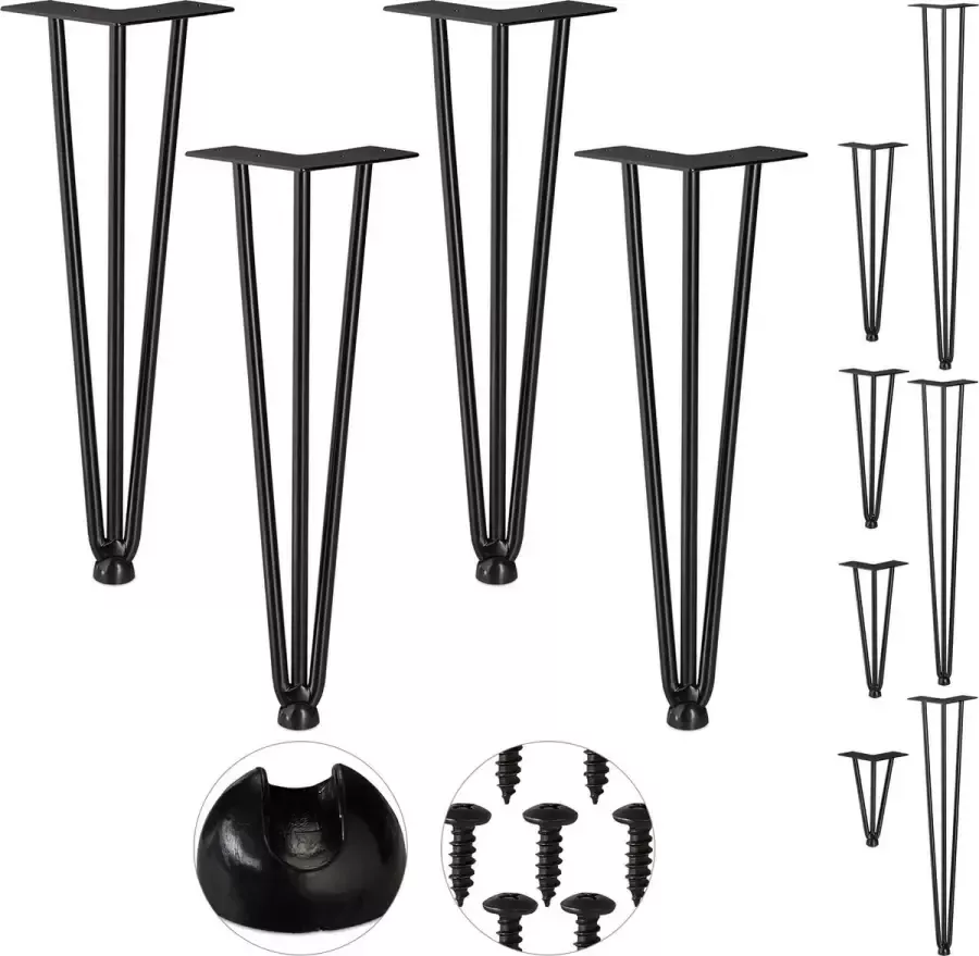 Relaxdays hairpin poten 4 stuks 3 stutten metaal voor kruk tafel & kast 40 cm zwart 40 cm 3 stangen