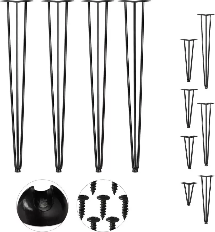 Relaxdays hairpin poten 4 stuks 3 stutten metaal voor kruk tafel & kast 86 cm zwart 86 cm 3 stangen