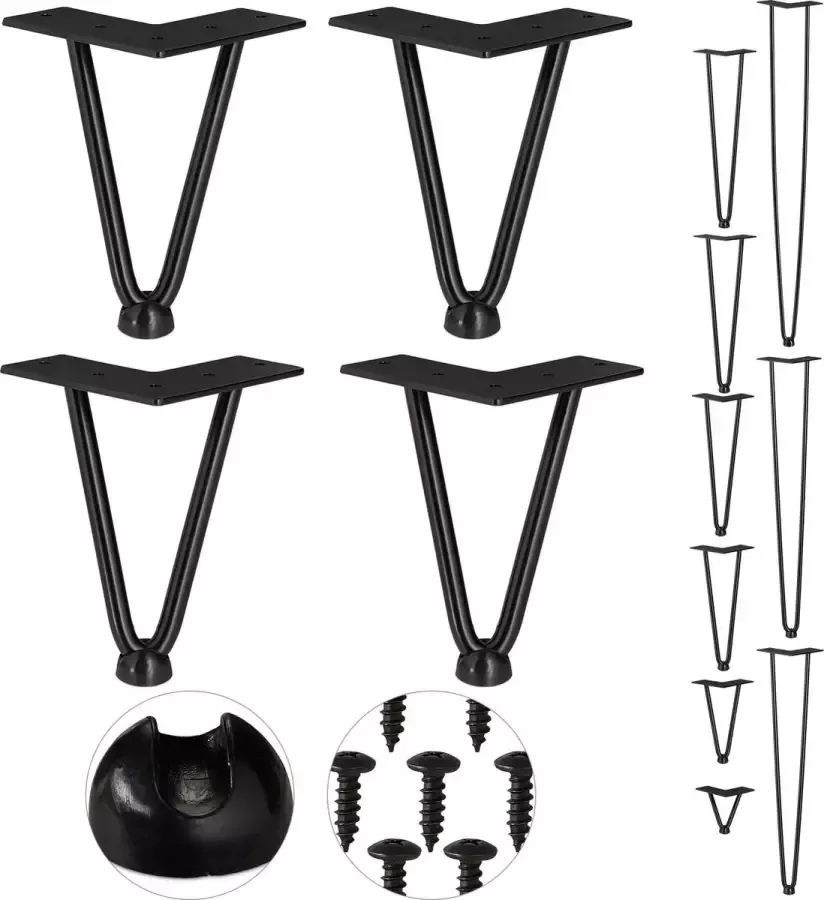 Relaxdays hairpin poten 4 stuks 2 stutten metaal voor kruk tafel & kast 15 cm hoog zwart 15 cm 2 stangen