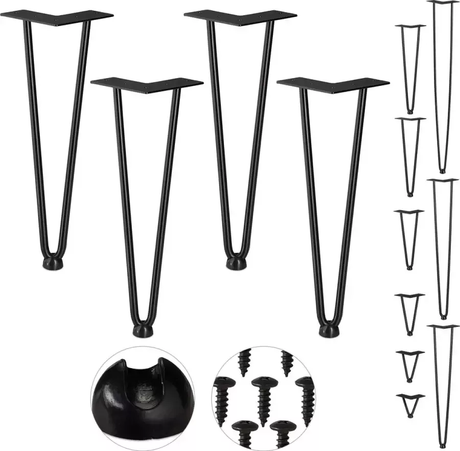 Relaxdays hairpin poten 4 stuks 2 stutten metaal voor kruk tafel & kast 36 cm hoog zwart 36 cm 2 stangen