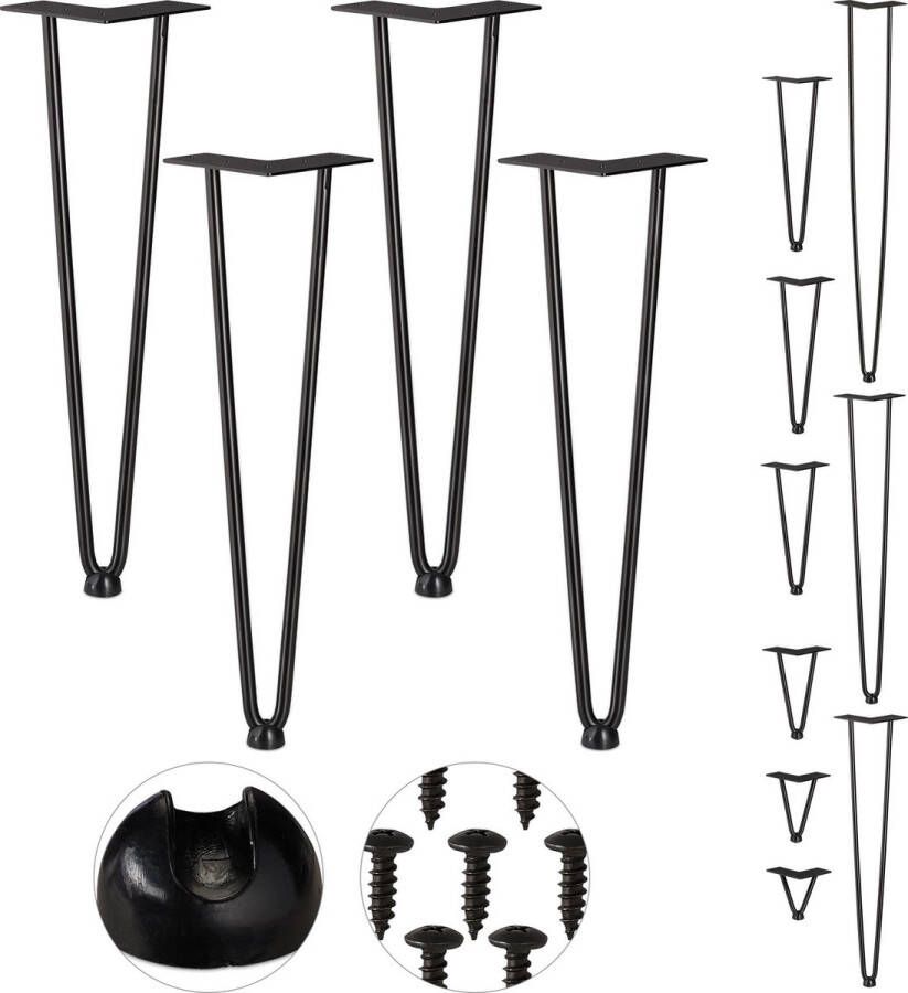 Relaxdays hairpin poten 4 stuks 2 stutten metaal voor kruk tafel & kast 45 cm hoog zwart 45 cm 2 stangen