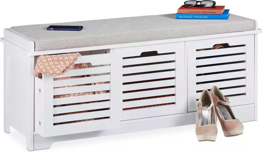 Relaxdays halbankje schoenenbank zitbank met opbergruimte zitkist 3 lades wit