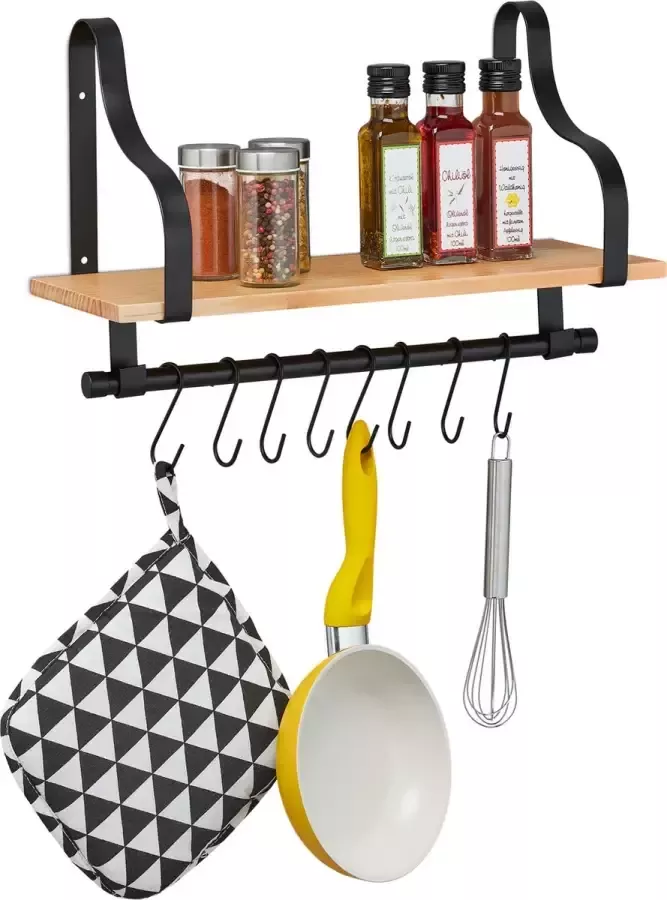 Relaxdays keukenrek hangend 8 haakjes metaal en hout smalle wandplank industrieel 32 x 43 x 18 cm