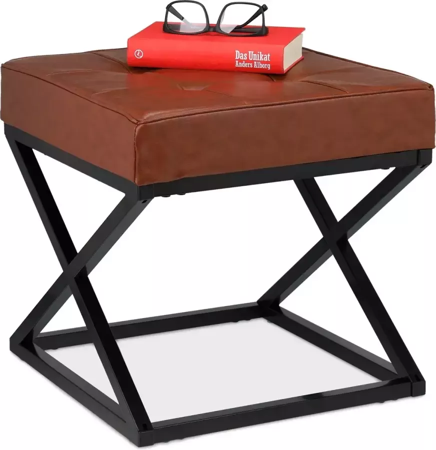 Relaxdays hocker gepolsterd kunstleer metalen poten industrieel 41 x 41 x 41 cm zwart-bruin