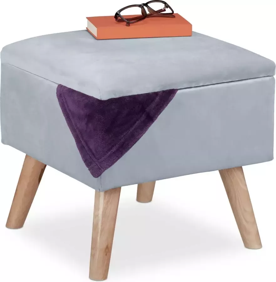 Relaxdays hocker met opbergruimte zacht vierkant met houten poten woonkamer 40x40x40 cm lichtgrijs