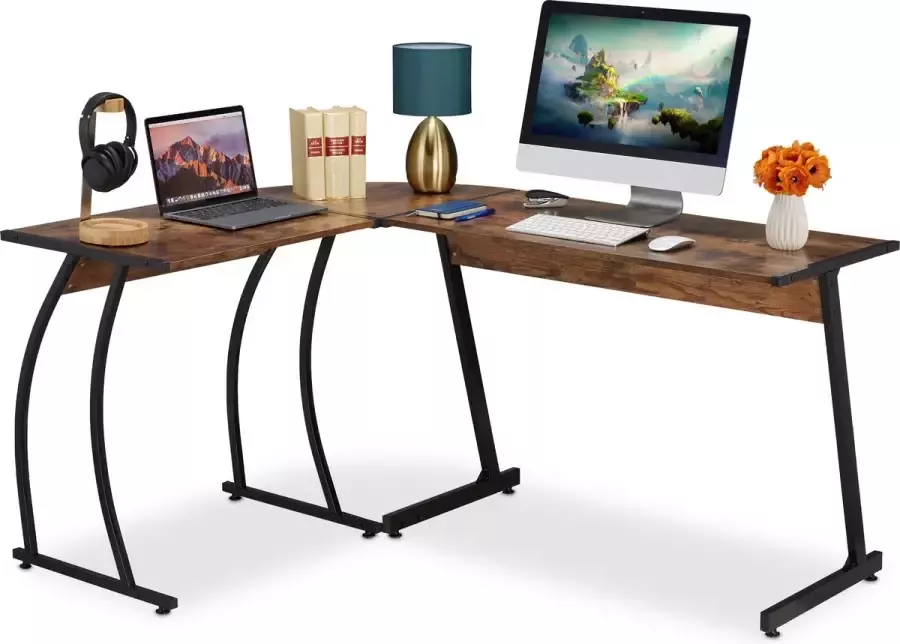 Relaxdays hoekbureau industrieel ronde hoek bureau thuiskantoor computertafel