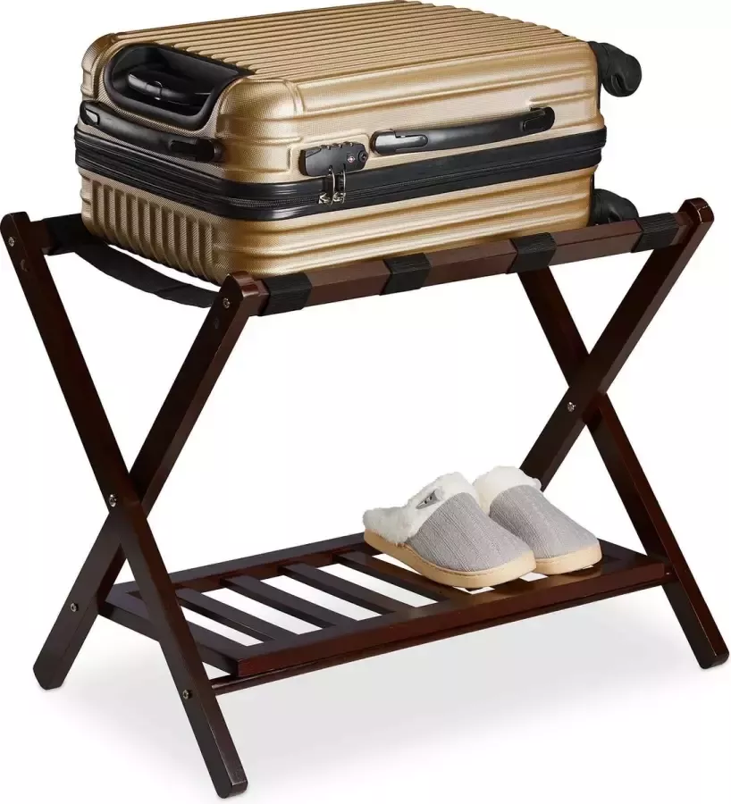 Relaxdays inklapbaar kofferrek met plank houten bagagerek bagagestandaard hotel bruin