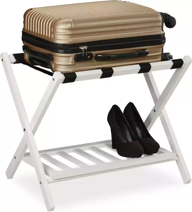 Relaxdays inklapbaar kofferrek met plank houten bagagerek bagagestandaard hotel wit