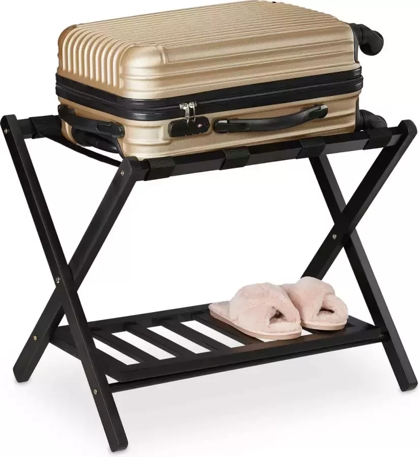 Relaxdays inklapbaar kofferrek met plank houten bagagerek bagagestandaard hotel zwart