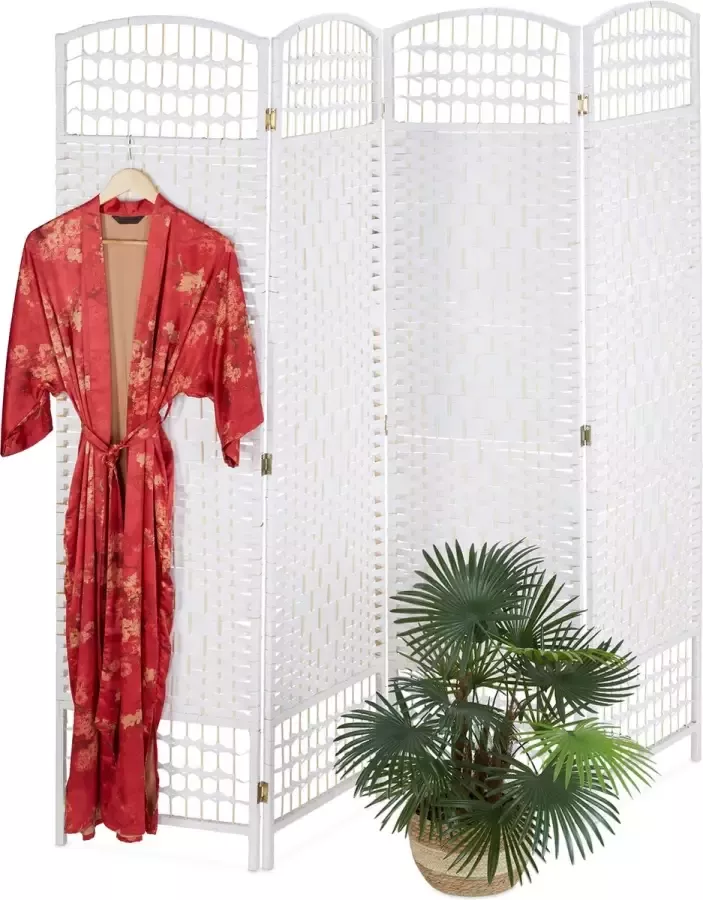 Relaxdays kamerscherm paravent 4-delig omkleedscherm opvouwbaar bamboe wit