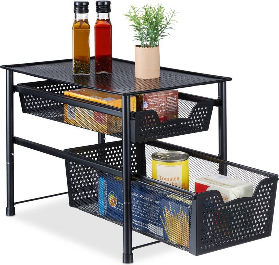 Relaxdays keuken organizer stapelbare bureau-organizer 2 schuifmanden 30 x 28 x 42 5 cm metaal zwart