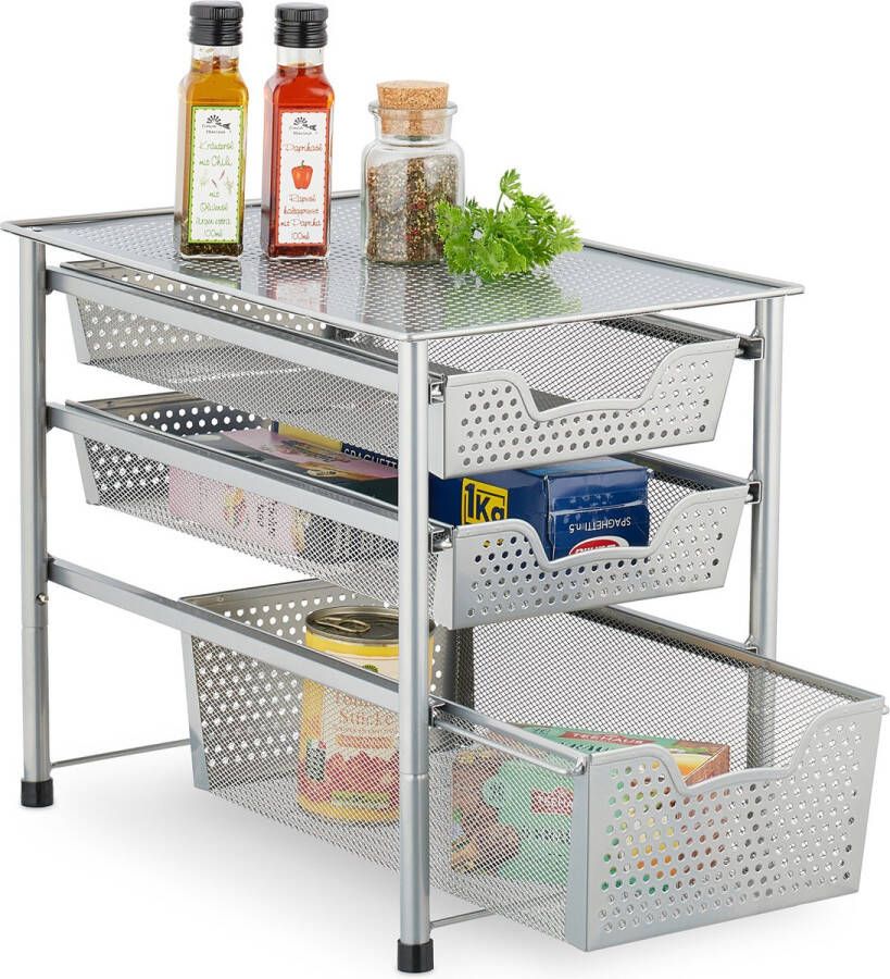 Relaxdays keuken organizer stapelbare kast-organizer 3 schuifmanden metaal badkamer 35 x 28 x 42 5 cm zilver