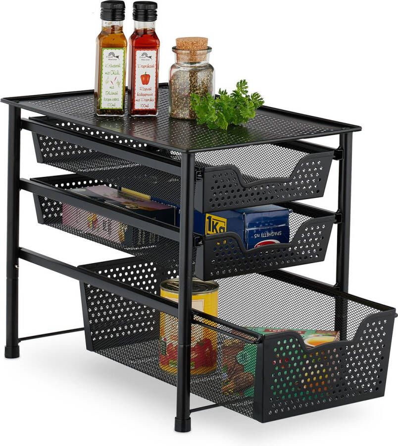 Relaxdays keuken organizer stapelbare kast-organizer 3 schuifmanden metaal badkamer 35 x 28 x 42 5 cm zwart